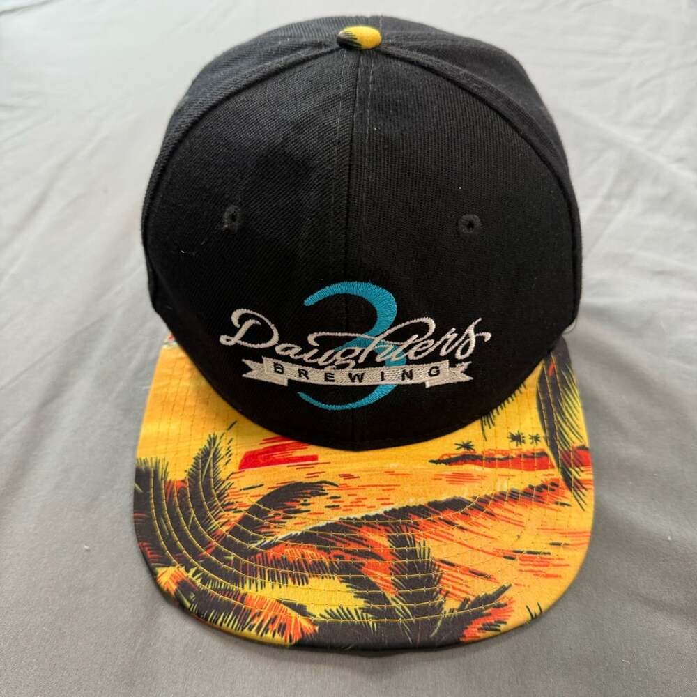 3 Daughters Brewing Black Snapback Hat with Tropical Palm Tree Sunset Flat Bill